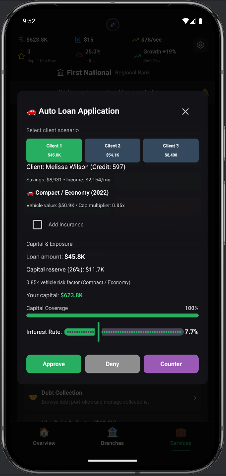 Auto loan application review screen