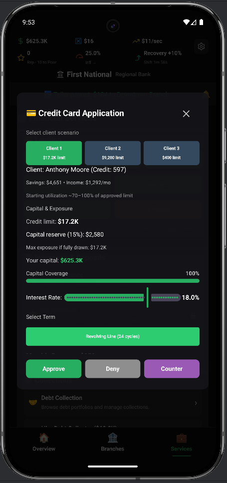 Credit card application review screen