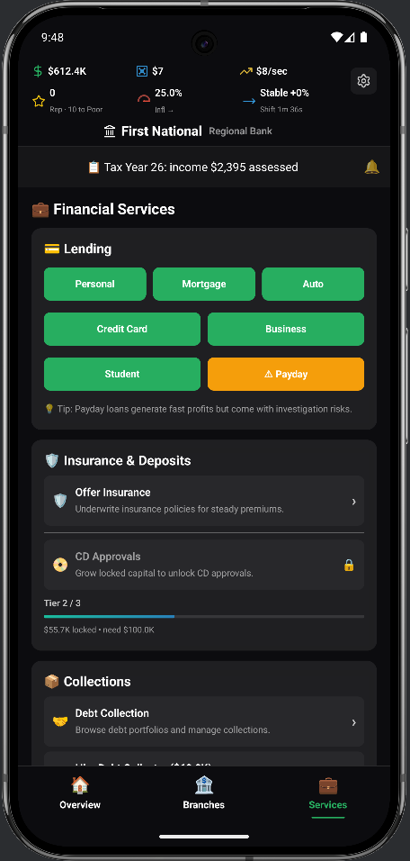 Financial services tab with loan and insurance options